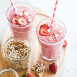 The easiest way to get your luteal seeds in! Just a handful of ingredients whip up into a delicious strawberry seed cycling smoothie that's dairy & nut free.