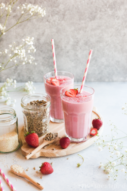 The easiest way to get your luteal seeds in! Just a handful of ingredients whip up into a delicious strawberry seed cycling smoothie that's dairy & nut free.