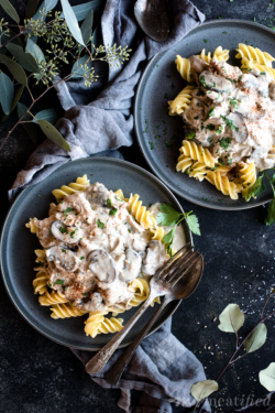 The easiest, dreamiest way to use up your holiday turkey without resorting to soup is this dairy & coconut free leftover turkey stroganoff.