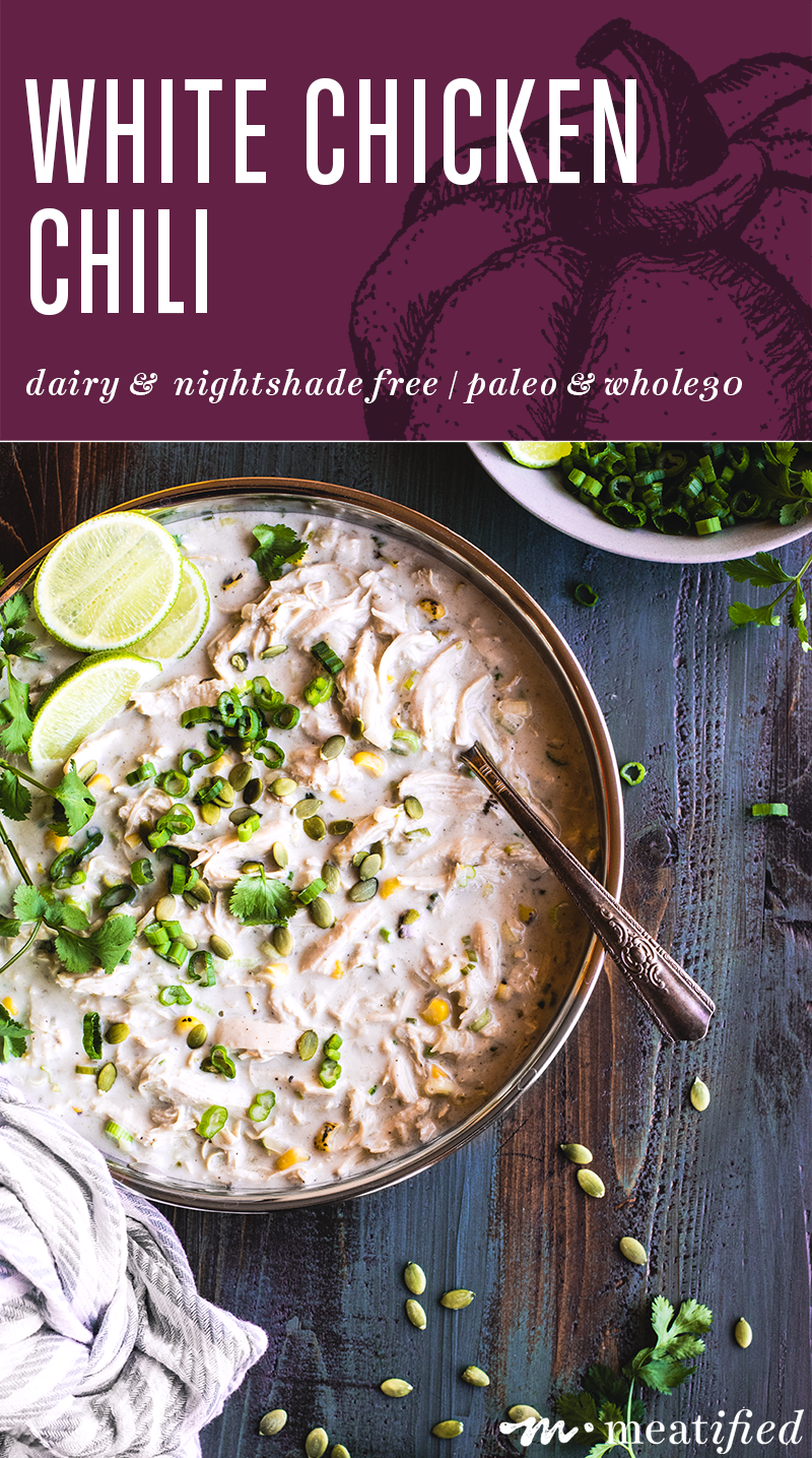 Creamy while ditching the usual dairy, this nightshade free white chicken chili has all the comfort food vibes of the original, without the heaviness!