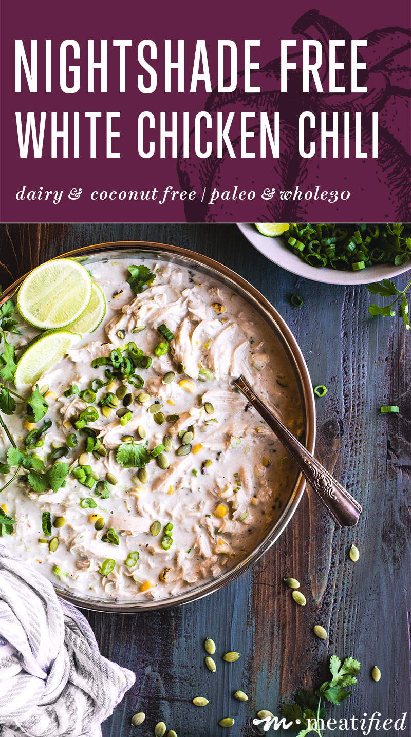 Creamy while ditching the usual dairy, this nightshade free white chicken chili has all the comfort food vibes of the original, without the heaviness!
