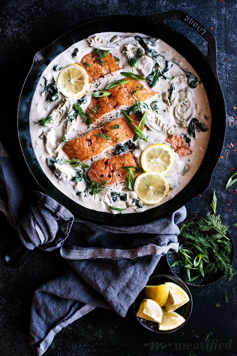 This spinach artichoke salmon takes a speedy spin on classic flavors, turning pantry & freezer staples into a comforting yet healthy weeknight dinner.