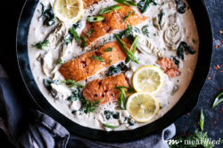 This spinach artichoke salmon takes a speedy spin on classic flavors, turning pantry & freezer staples into a comforting yet healthy weeknight dinner.