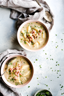 This healthy & hearty take on leek & potato soup skips the dairy & lets the flavors of the lightly roasted vegetables shine. Bonus: use up your holiday ham!