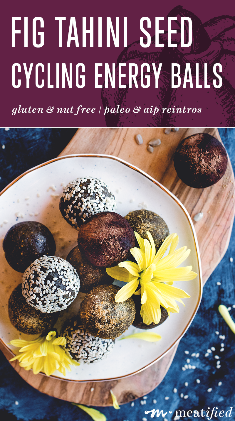 These fig flecked seed cycling energy balls are packed with tahini, sunflower & sesame seeds, so they're the perfect treat for the luteal phase.