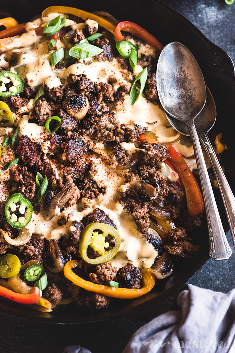 Looking for comfort food? This dairy free Philly Cheesesteak Skillet is a one pan wonder that transforms ground beef into something decadent on a weeknight.