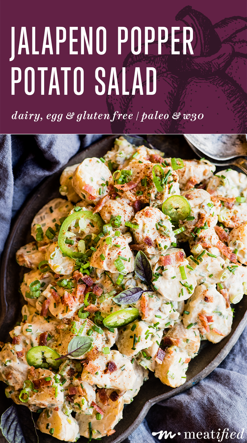 The taters of your dreams! This jalapeno popper potato salad wraps creamy baby potatoes in a dairy free cheese sauce with roasted jalapenos, herbs & bacon.