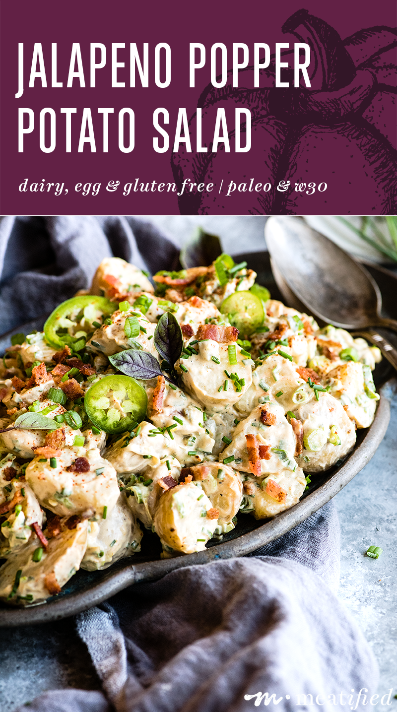 The taters of your dreams! This jalapeno popper potato salad wraps creamy baby potatoes in a dairy free cheese sauce with roasted jalapenos, herbs & bacon.