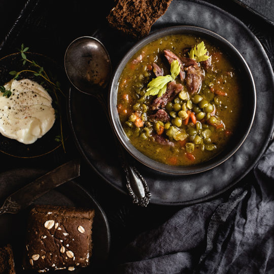 There's nothing simpler or more comforting than this hearty, vegetable packed split pea soup. It's perfect weekend cooking.