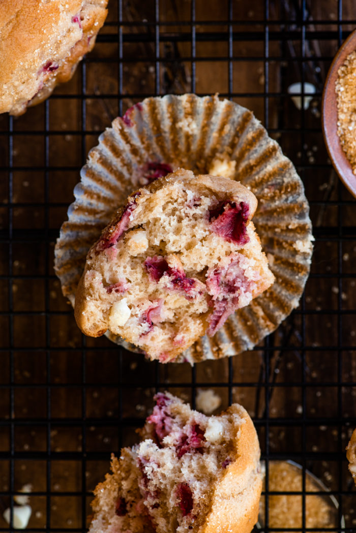 These strawberry white chocolate muffins are the best of both worlds: tender, fluffy fruit filled interiors with bakery style crunchy tops.