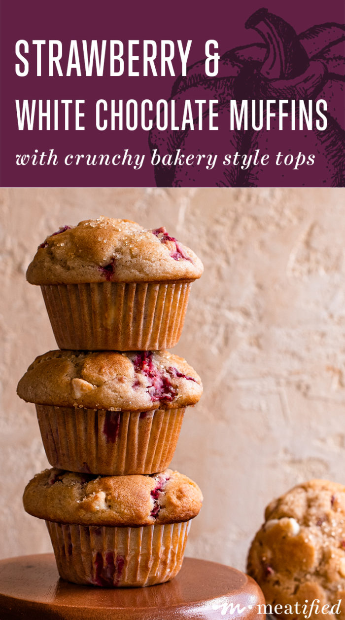 These strawberry white chocolate muffins are the best of both worlds: tender, fluffy fruit filled interiors with bakery style crunchy tops.